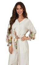 Serene Silky Floral Button Down Long Sleeve Tie Blouse