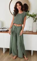 Caterina Linen Cropped Shoulder-Pad Top