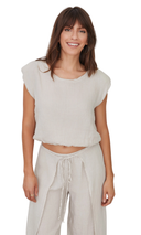 Caterina Linen Cropped Shoulder-Pad Top