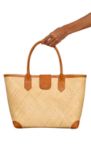 Vivienne Rattan Rolled Leather Woven Tote Bag