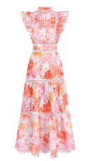 Floral Ruffle Sleeve Eyelet Maxi Dress